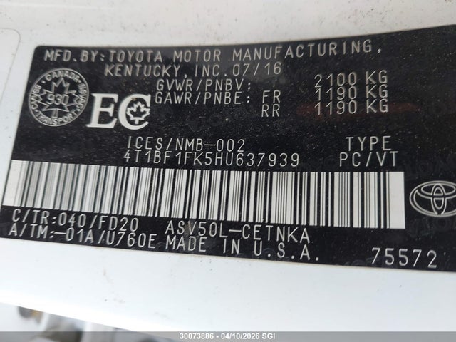 4T1BF1FK5HU637939 Toyota Camry Le/xle/se/xse