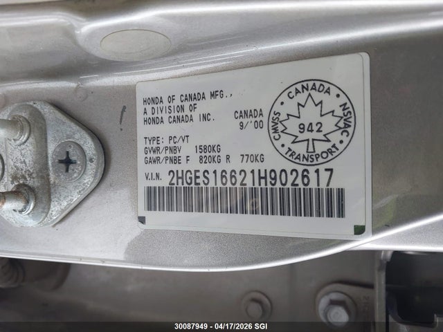 Aukcja sprzedaży 2001 Honda Civic Lx, vin: 2HGES16621H902617, numer aukcji: 30087949