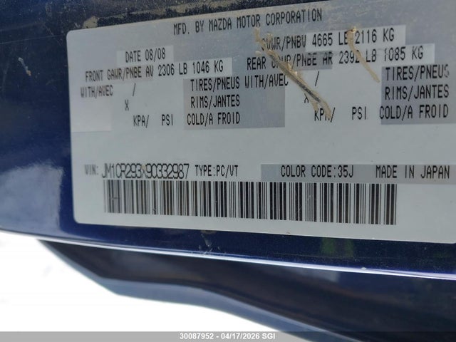2009 Mazda 5 მანქანა იყიდება აუქციონზე, vin: JM1CR293X90332987, აუქციონის ნომერი: 30087952
