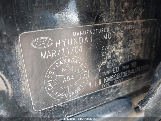 Продаж на аукціоні авто 2004 Hyundai Santa Fe, vin: KM8SB73E54U741659, номер лоту: 30078698