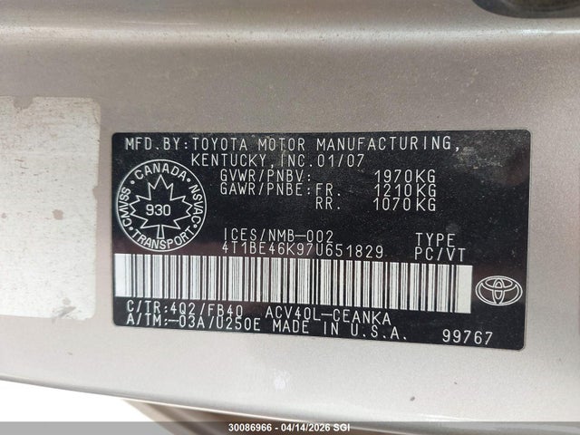 30086966 :رقم المزاد ، 4T1BE46K97U651829 vin ، 2007 Toyota Camry Ce/le/xle/se مزاد بيع