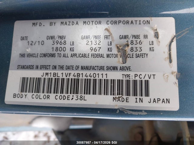 Aukcja sprzedaży 2011 Mazda 3 I, vin: JM1BL1VF4B1440111, numer aukcji: 30087987