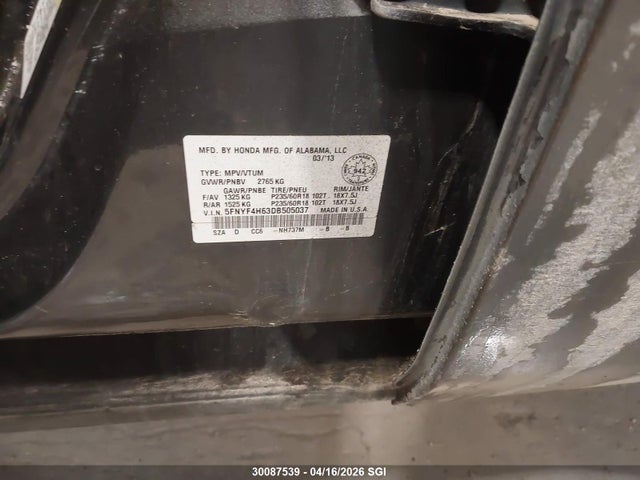 Aukcja sprzedaży 2013 Honda Pilot, vin: 5FNYF4H63DB505037, numer aukcji: 30087539