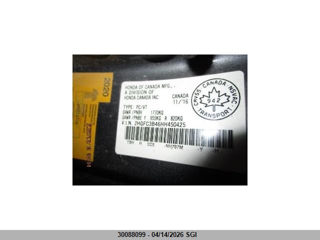 Aukcja sprzedaży 2017 Honda Civic Ex, vin: 2HGFC3B46HH450425, numer aukcji: 30088099