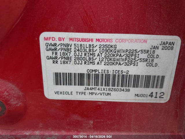 30079014 :رقم المزاد ، JA4MT41X18Z603438 vin ، 2008 Mitsubishi Outlander Xls مزاد بيع