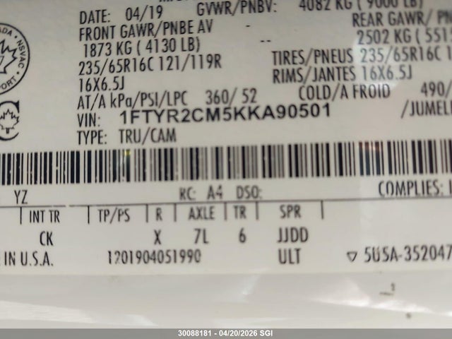 Продаж на аукціоні авто 2019 Ford Transit T-250, vin: 1FTYR2CM5KKA90501, номер лоту: 30088181