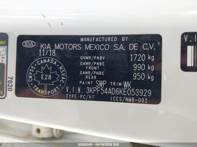 3KPF54AD6KE053929 KIA FORTE EX