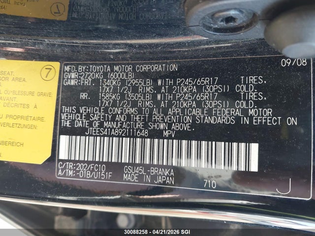 30088258 :رقم المزاد ، JTEES41A892111648 vin ، 2009 Toyota Highlander مزاد بيع