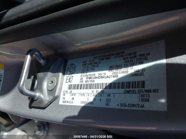 Продажа на аукционе авто 2019 Ford Escape Sel, vin: 1FMCU9HD9KUA27489, номер лота: 30087448