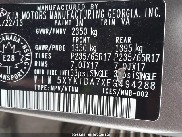 30088369 :رقم المزاد ، 5XYKTDA7XEG494288 vin ، 2014 Kia Sorento Lx مزاد بيع