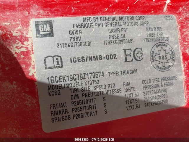Aukcja sprzedaży 2009 Chevrolet Silverado K1500, vin: 1GCEK19C79Z170674, numer aukcji: 30088383
