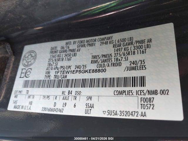 30088461 :رقم المزاد ، 1FTEW1EP5GKE88800 vin ، 2016 Ford F150 Supercrew مزاد بيع