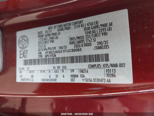 Ford ESCAPE SE 2015 1FMCU9GX1FUC50093 Image 9