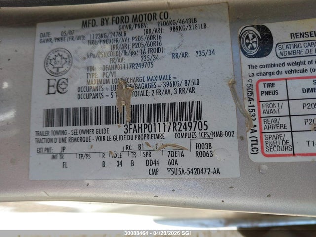 Продаж на аукціоні авто 2007 Ford Fusion Se, vin: 3FAHP01117R249705, номер лоту: 30088464
