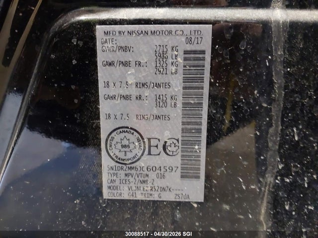 5N1DR2MM6JC604597 Nissan Pathfinder S/sv/sl/platinum
