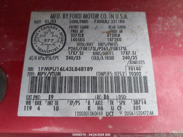 2003 Ford Expedition Xlt მანქანა იყიდება აუქციონზე, vin: 1FMPU16L43LB48189, აუქციონის ნომერი: 30088519
