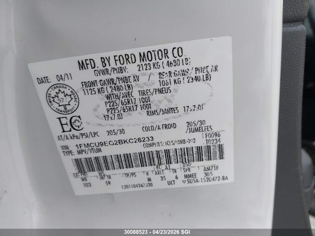 2011 Ford Escape Limited მანქანა იყიდება აუქციონზე, vin: 1FMCU9EG2BKC26233, აუქციონის ნომერი: 30088523