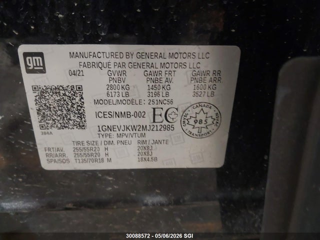 30088572 :رقم المزاد ، 1GNEVJKW2MJ212985 vin ، 2021 Chevrolet Traverse Rs مزاد بيع