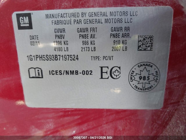 Продаж на аукціоні авто 2011 Chevrolet Cruze Ltz, vin: 1G1PH5S93B7197524, номер лоту: 30087307