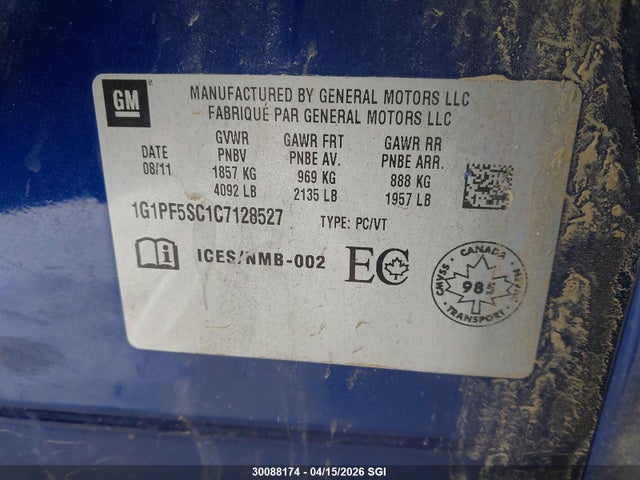 2012 Chevrolet Cruze Lt მანქანა იყიდება აუქციონზე, vin: 1G1PF5SC1C7128527, აუქციონის ნომერი: 30088174