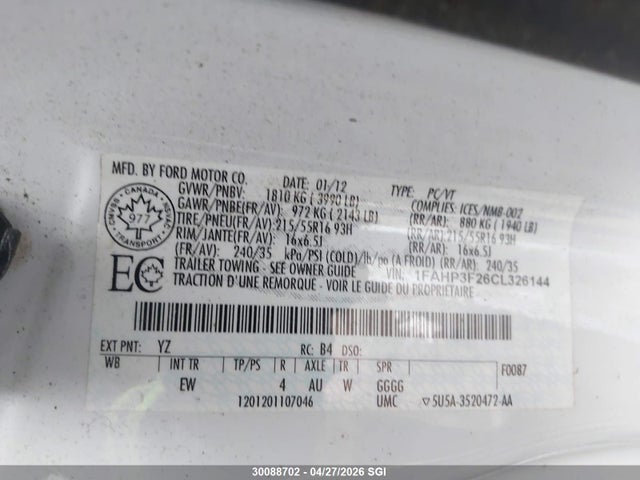 30088702 :رقم المزاد ، 1FAHP3F26CL326144 vin ، 2012 Ford Focus Se مزاد بيع