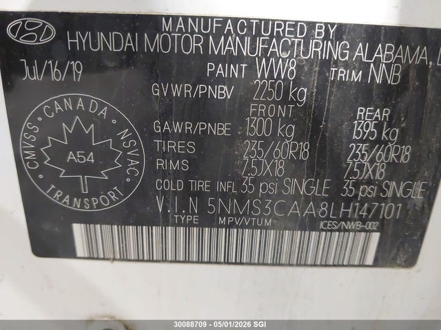 Продаж на аукціоні авто 2020 Hyundai Santa Fe Sel/sel Plus, vin: 5NMS3CAA8LH147101, номер лоту: 30088709