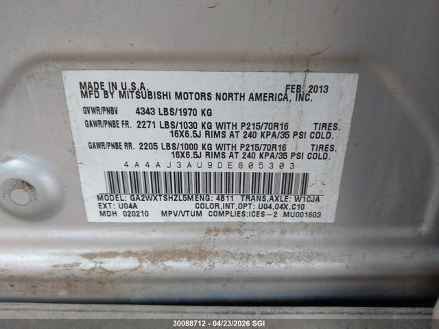 30088712 :رقم المزاد ، 4A4AJ3AU9DE605303 vin ، 2013 Mitsubishi Rvr Se مزاد بيع