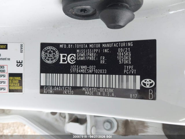2022 Toyota Corolla Se მანქანა იყიდება აუქციონზე, vin: 5YFB4MBE5NP102033, აუქციონის ნომერი: 30087818