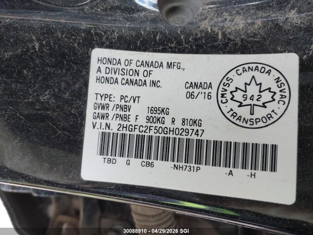 Aukcja sprzedaży 2016 Honda Civic Lx, vin: 2HGFC2F50GH029747, numer aukcji: 30088910