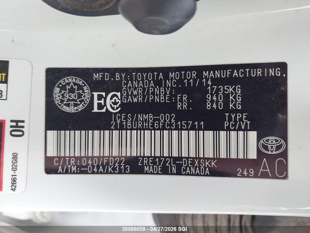 2015 Toyota Corolla L/le/le Pls/prm/s/s Pls მანქანა იყიდება აუქციონზე, vin: 2T1BURHE6FC315711, აუქციონის ნომერი: 30086059