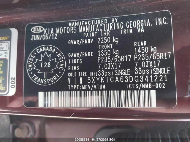Aukcja sprzedaży 2013 Kia Sorento Lx, vin: 5XYKTCA63DG341221, numer aukcji: 30088734