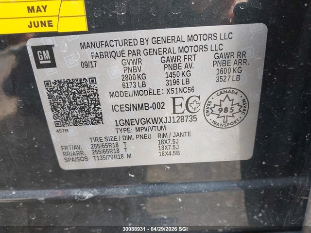 Aukcja sprzedaży 2018 Chevrolet Traverse Lt, vin: 1GNEVGKWXJJ128735, numer aukcji: 30088931
