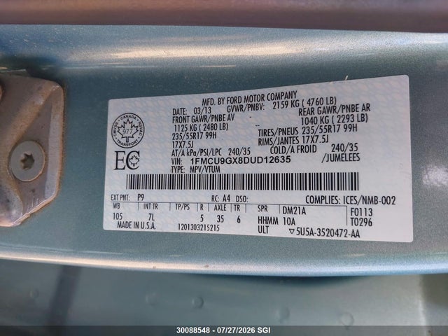 30088548 :رقم المزاد ، 1FMCU9GX8DUD12635 vin ، 2013 Ford Escape Se مزاد بيع