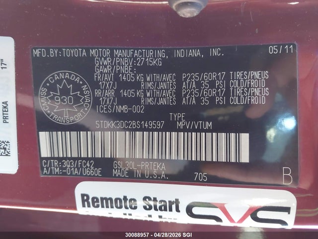2011 Toyota Sienna Le მანქანა იყიდება აუქციონზე, vin: 5TDKK3DC2BS149597, აუქციონის ნომერი: 30088957