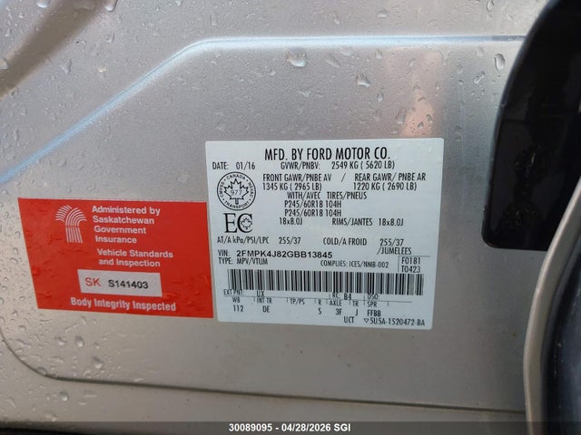2016 Ford Edge Sel მანქანა იყიდება აუქციონზე, vin: 2FMPK4J82GBB13845, აუქციონის ნომერი: 30089095