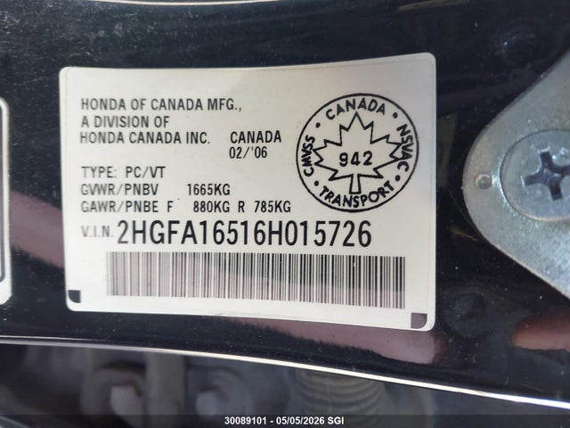 Продаж на аукціоні авто 2006 Honda Civic Lx, vin: 2HGFA16516H015726, номер лоту: 30089101