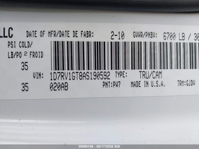 Aukcja sprzedaży 2010 Dodge Ram 1500, vin: 1D7RV1GT8AS190592, numer aukcji: 30089108