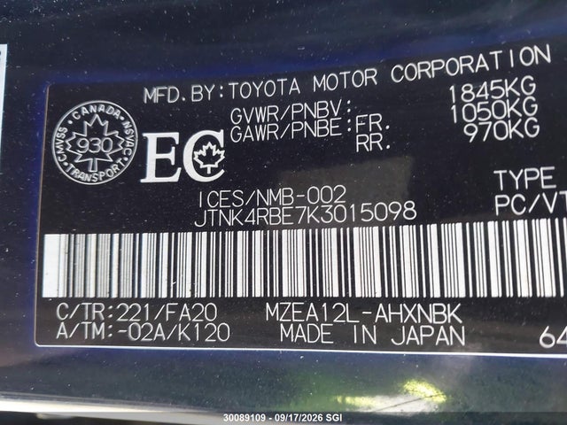 30089109 :رقم المزاد ، JTNK4RBE7K3015098 vin ، 2019 Toyota Corolla Se/xse مزاد بيع