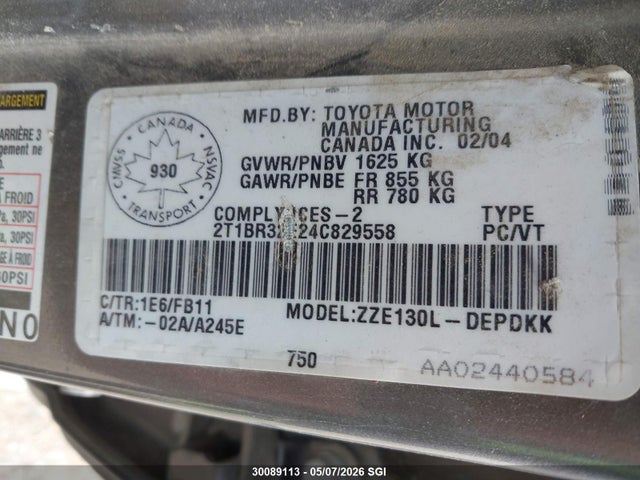 30089113 :رقم المزاد ، 2T1BR32E24C829558 vin ، 2004 Toyota Corolla Ce/le/s مزاد بيع