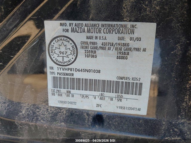 Продажа на аукционе авто 2004 Mazda 6 S, vin: 1YVHP81D645N01038, номер лота: 30089025