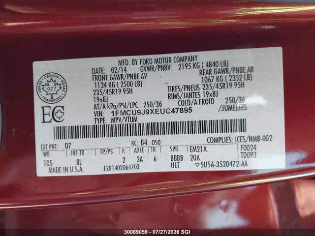 2014 Ford Escape Titanium მანქანა იყიდება აუქციონზე, vin: 1FMCU9J9XEUC47895, აუქციონის ნომერი: 30089059
