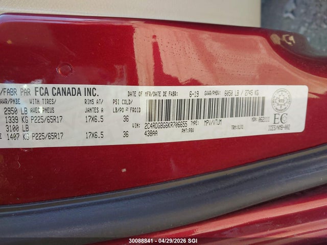 Продажа на аукционе авто 2019 Dodge Grand Caravan Cvp/sxt, vin: 2C4RDGBG6KR706655, номер лота: 30088841