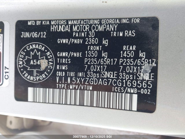 Продаж на аукціоні авто 2012 Hyundai Santa Fe Gls, vin: 5XYZGDAG7CG169565, номер лоту: 30077909