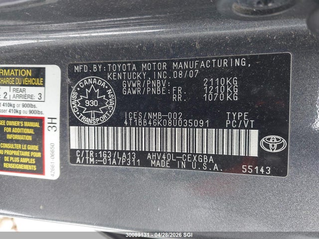 30089131 :رقم المزاد ، 4T1BB46K08U035091 vin ، 2008 Toyota Camry Hybrid مزاد بيع