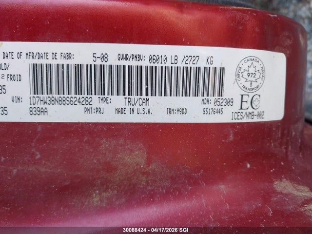 30088424 :رقم المزاد ، 1D7HW38N88S624282 vin ، 2008 Dodge Dakota Sxt مزاد بيع
