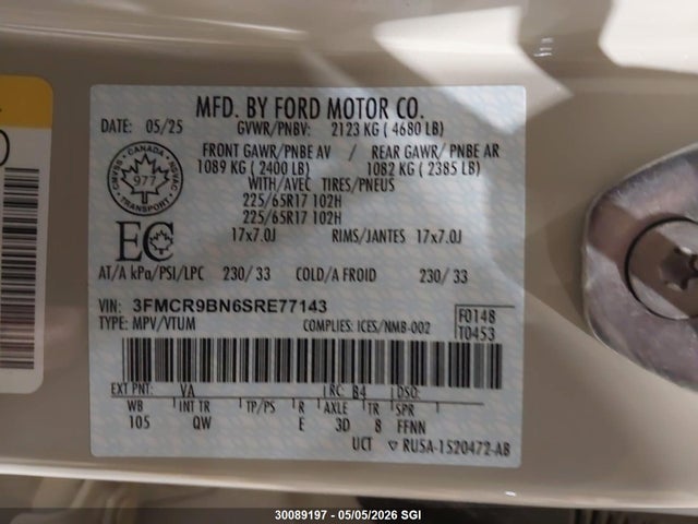 30089197 :رقم المزاد ، 3FMCR9BN6SRE77143 vin ، 2025 Ford Bronco Sport Big Bend مزاد بيع