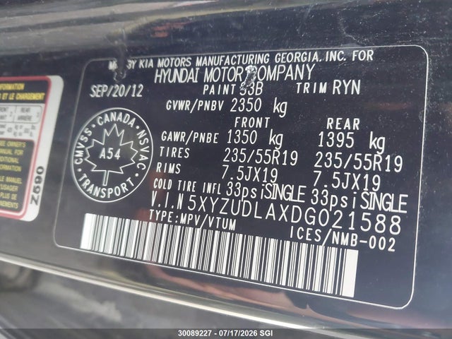 30089227 :رقم المزاد ، 5XYZUDLAXDG021588 vin ، 2013 Hyundai Santa Fe Sport مزاد بيع