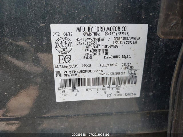 Ford EDGE SEL 2015 2FMTK4J82FBB36118 Image 9