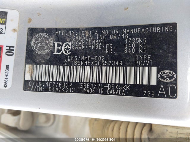 30089379 :رقم المزاد ، 2T1BURHEXGC652349 vin ، 2016 Toyota Corolla L/le/le Pls/prm/s/s Pls مزاد بيع