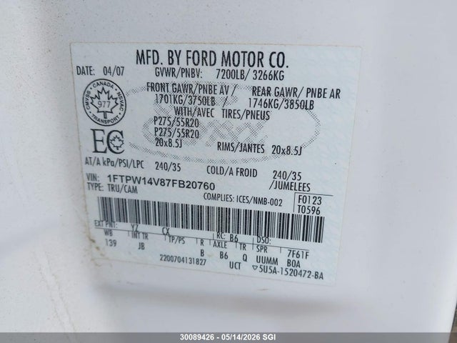 Продаж на аукціоні авто 2007 Ford F150 Supercrew, vin: 1FTPW14V87FB20760, номер лоту: 30089426